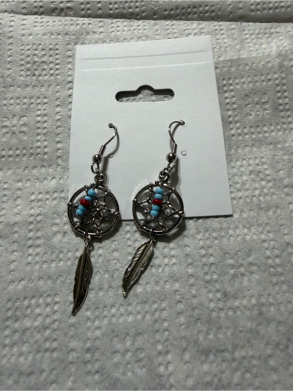 Source Unknown Silver Dreamcatcher Earrings with Turquoise and Red Beads